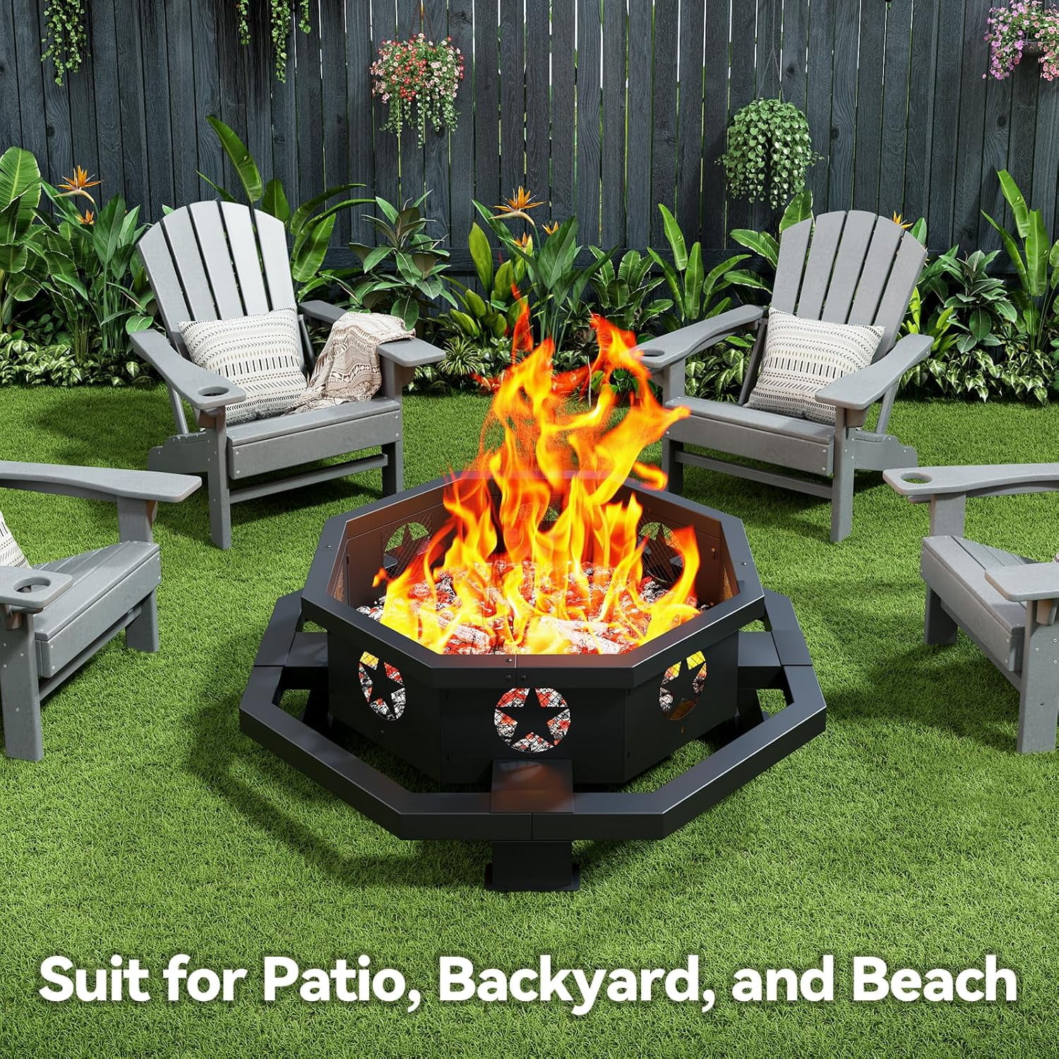 45" Octagonal Fire Pit, Wood Burning Fire Pit with Poker for Outside