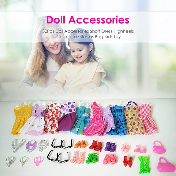 Conjunto de accesorios para muñecas Barbie accesorios para muñecas Barbie 32 Tmvgtek artículos 10 vestidos a la moda + 4 gafas + 6 collares + 2 bolsos + 10 zapatos