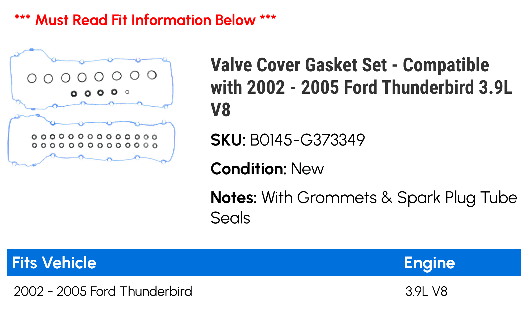 Valve Cover Gasket Set - Compatible with 2002 - 2005 Ford Thunderbird 3.9L V8 2003 2004