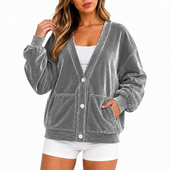 Wrongduck Women's Velvet Cardigan Jacket Lightweight Button Front Long Sleeve Casual Sweater Coat with Pockets Spring Fall Layering Top