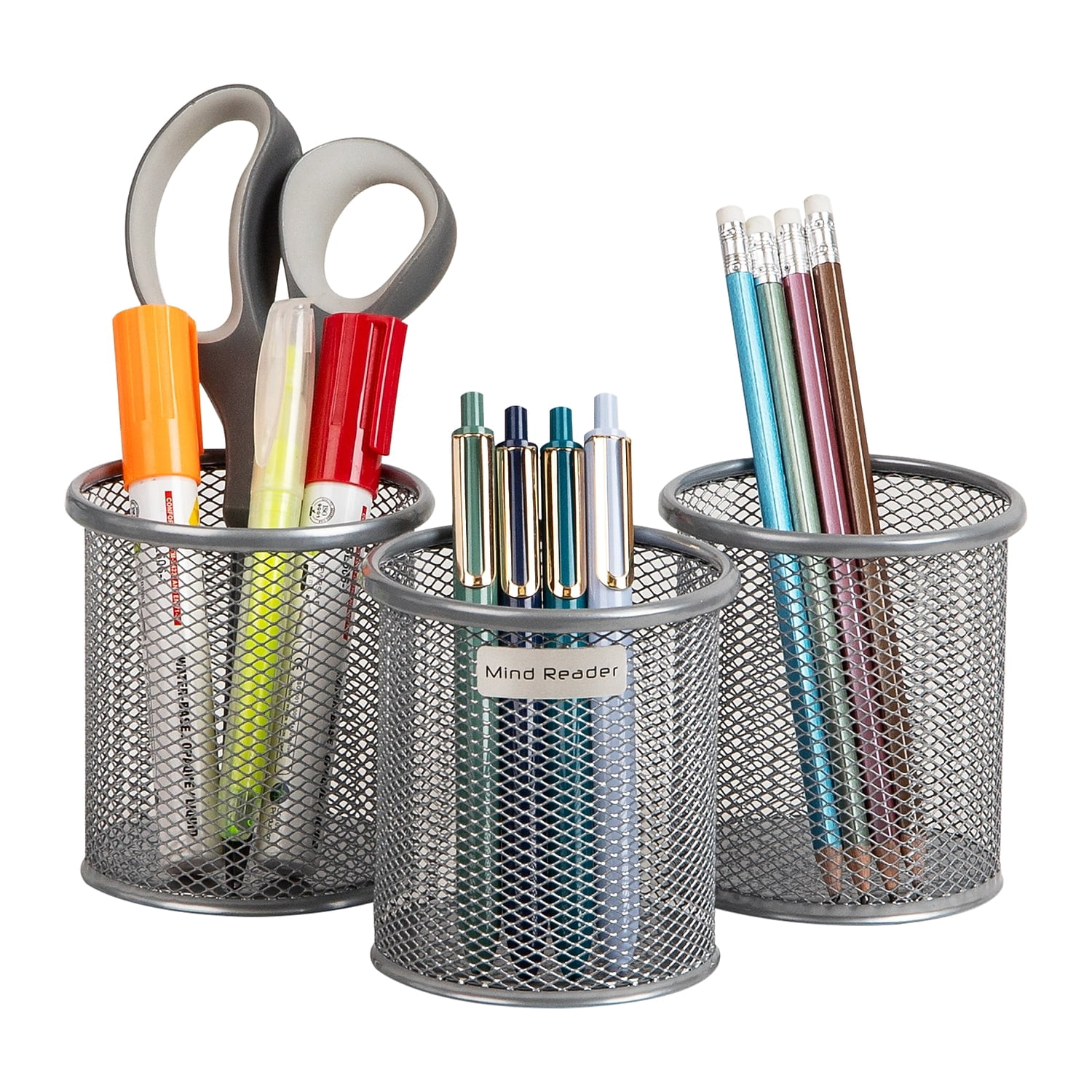 Mind Reader Metal Pen and Accessory Holder Desk Organizer Silver 3-Pieces (CLIPMESH3-SIL)