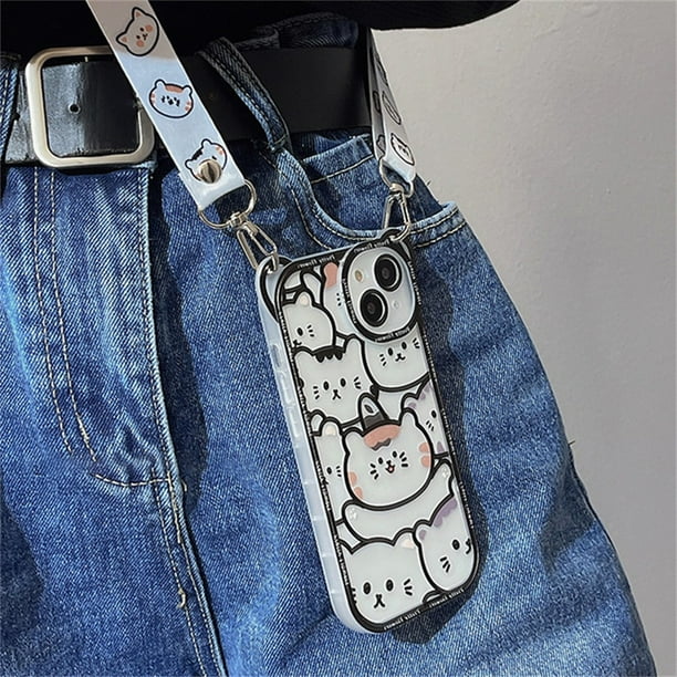 Estuche con cordón cruzado con orejas de oso y flor bonita coreana para iPhone 14 13 12 11 Pro XS Max X XR 7 8 Plus, funda blanda a prueba de golpes con correa Tan Jianjun unisex