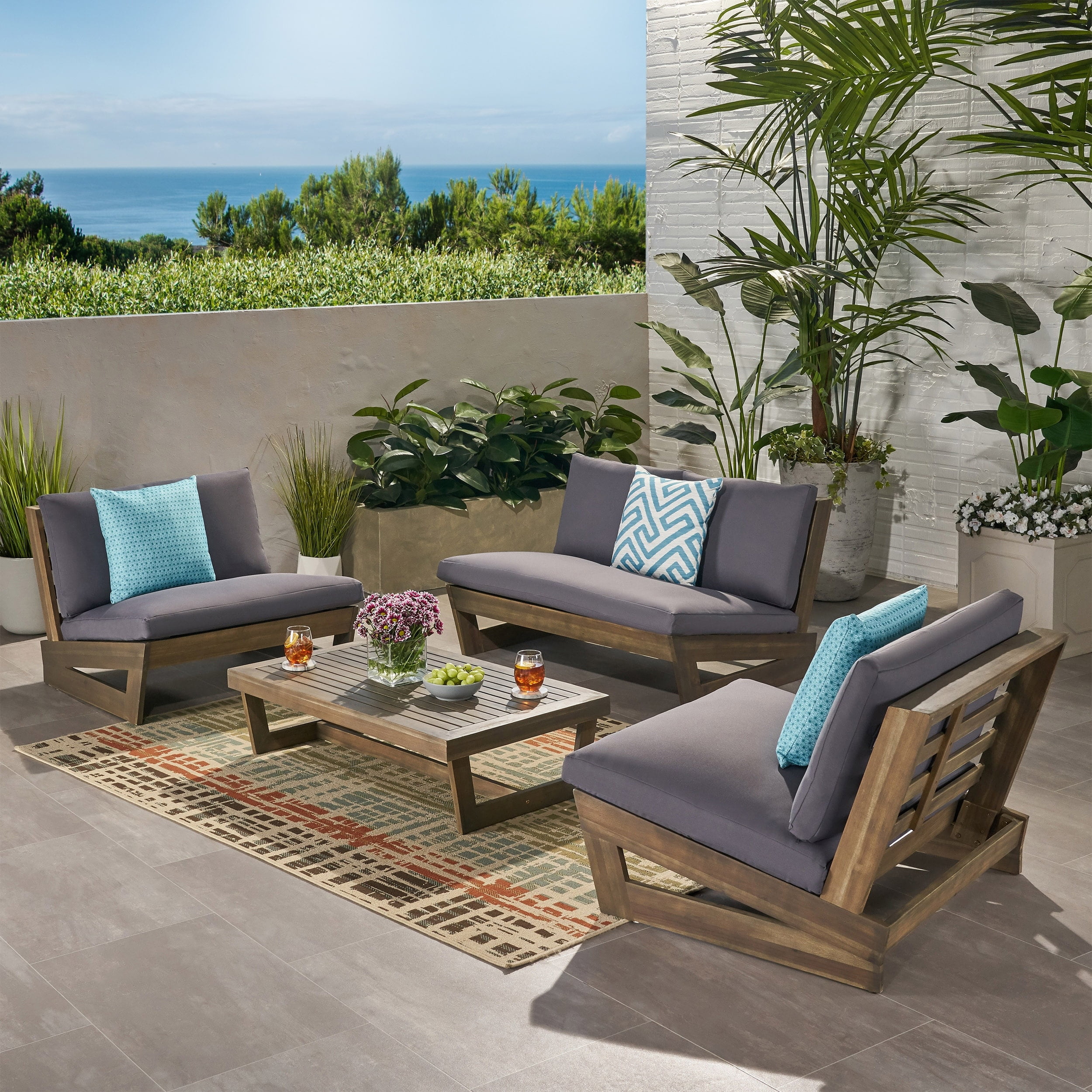 Christopher Knight 4 Seater Wood Patio Set Club Chair and Table Gray Dark Gray Walmart