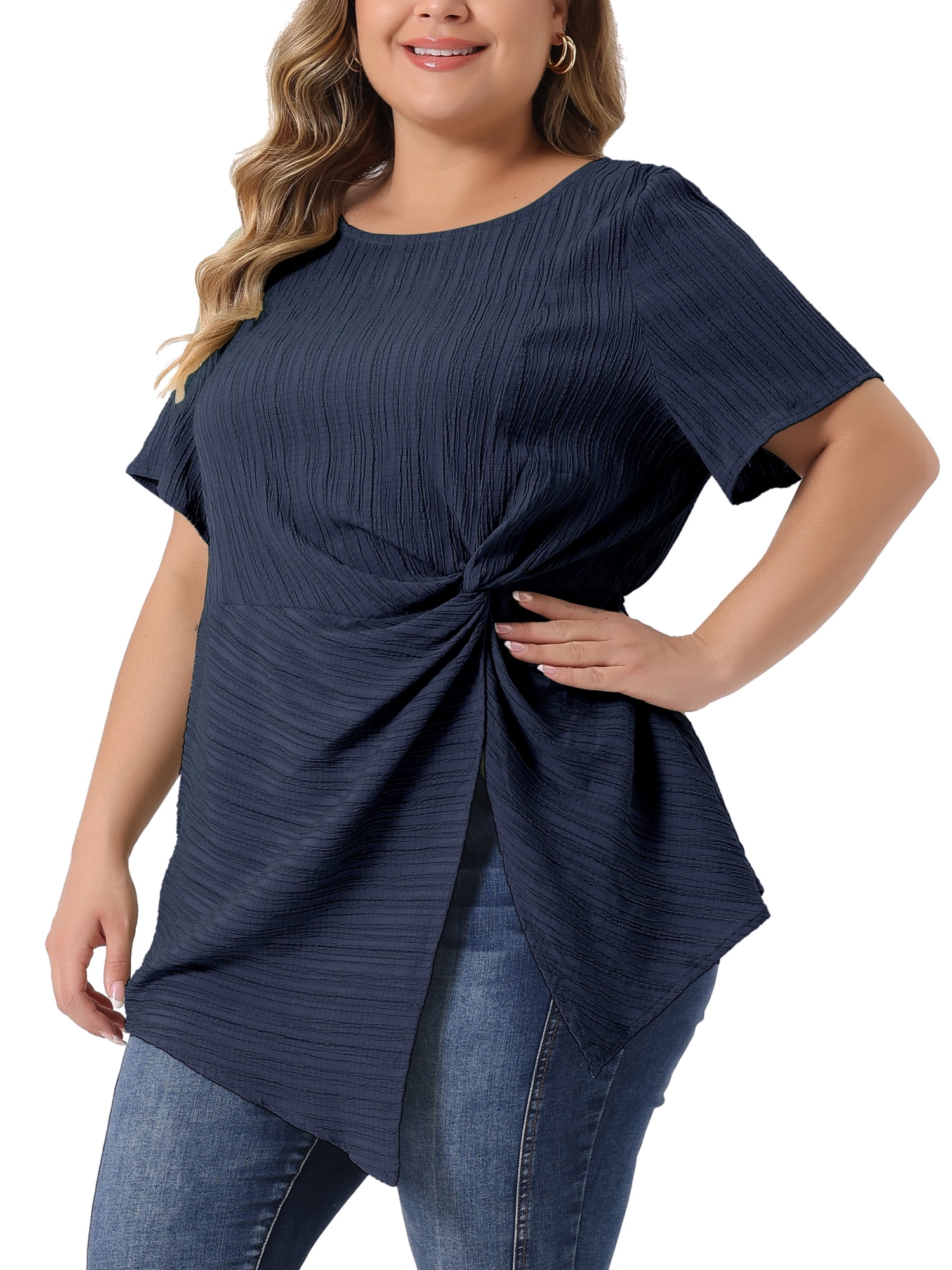 Unique Bargains Women Plus Size Asymmetrical Hem Round Neck Short Sleeve Twist Knot Top 4X Navy Blue