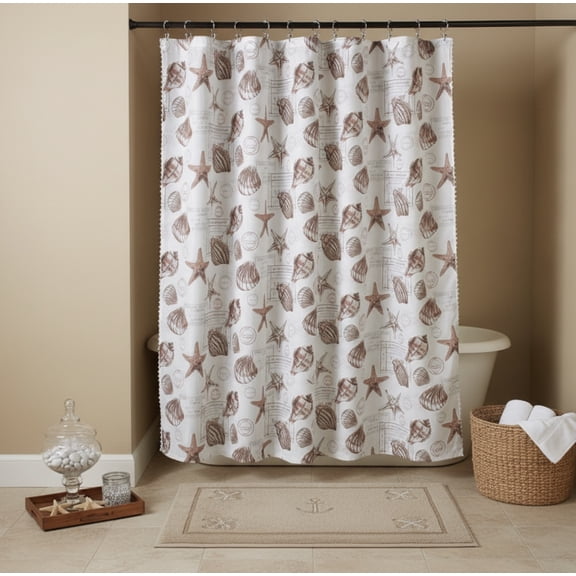 Serafina Home Coastal Shells Fabric Shower Curtain, Coral Orange Beige Grey 70" x 72", Washable