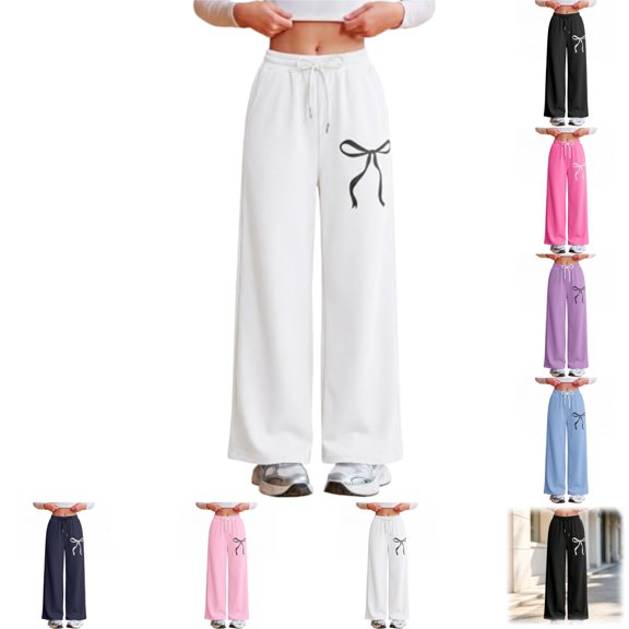 YOUYEDIAN Wide Leg Girls Sweatpants Casual Fashion Elastic Waist Bow Print Pants with Pockets