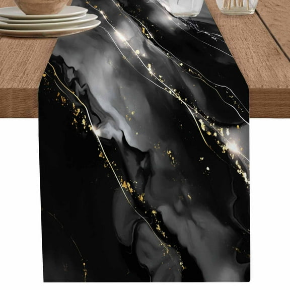 Retro Black Abstract Marble Texture Table Runner-70 Inch Long Minimalist Art Table Runners Linen Burlap Tablerunner for Kitchen Dining Room Holiday Party