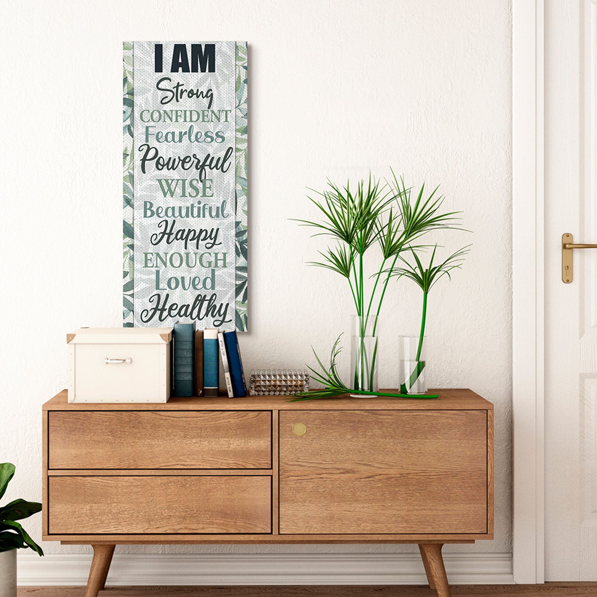 Stupell Industries I Am Inspirational Phrases over Tropical Green Palms Inspirational Painting Gallery Wrapped Canvas Art Print Wall Art, 17 x 40