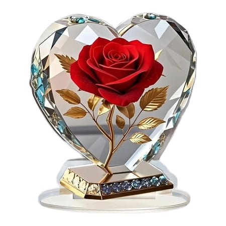 Acrylic Rose Heart Statues Shiny Reflective Heart Figurines for Desk Decor Romantic Rose Heart Sculpture for Home Table Decor Shelf Bookcase Valentines Day Gifts for Her Desk Decor for Women Office