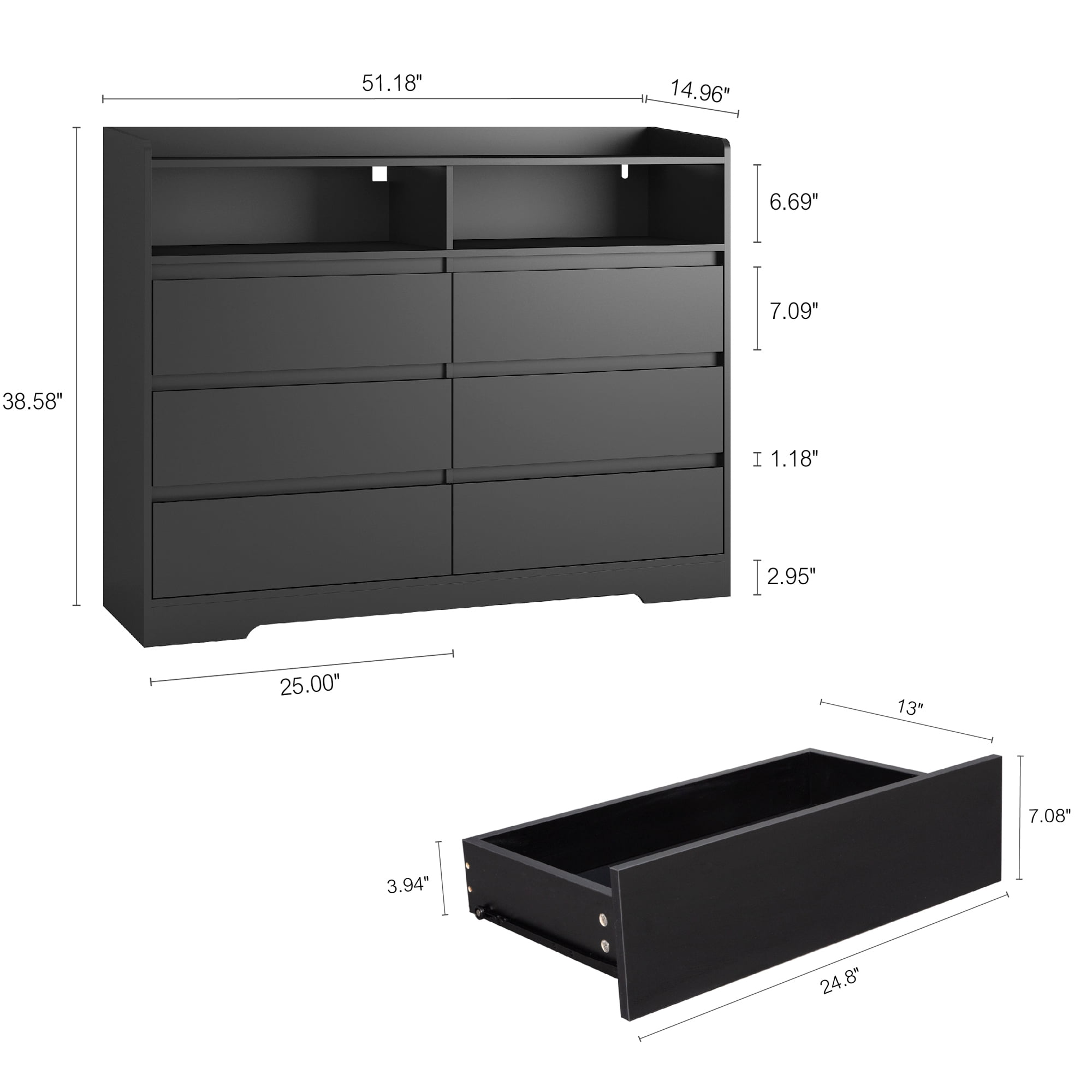 Aukfa Modern 6-Drawer Dresser Storage Buffet Cabinet with LED for Bedroom Living Room, Black