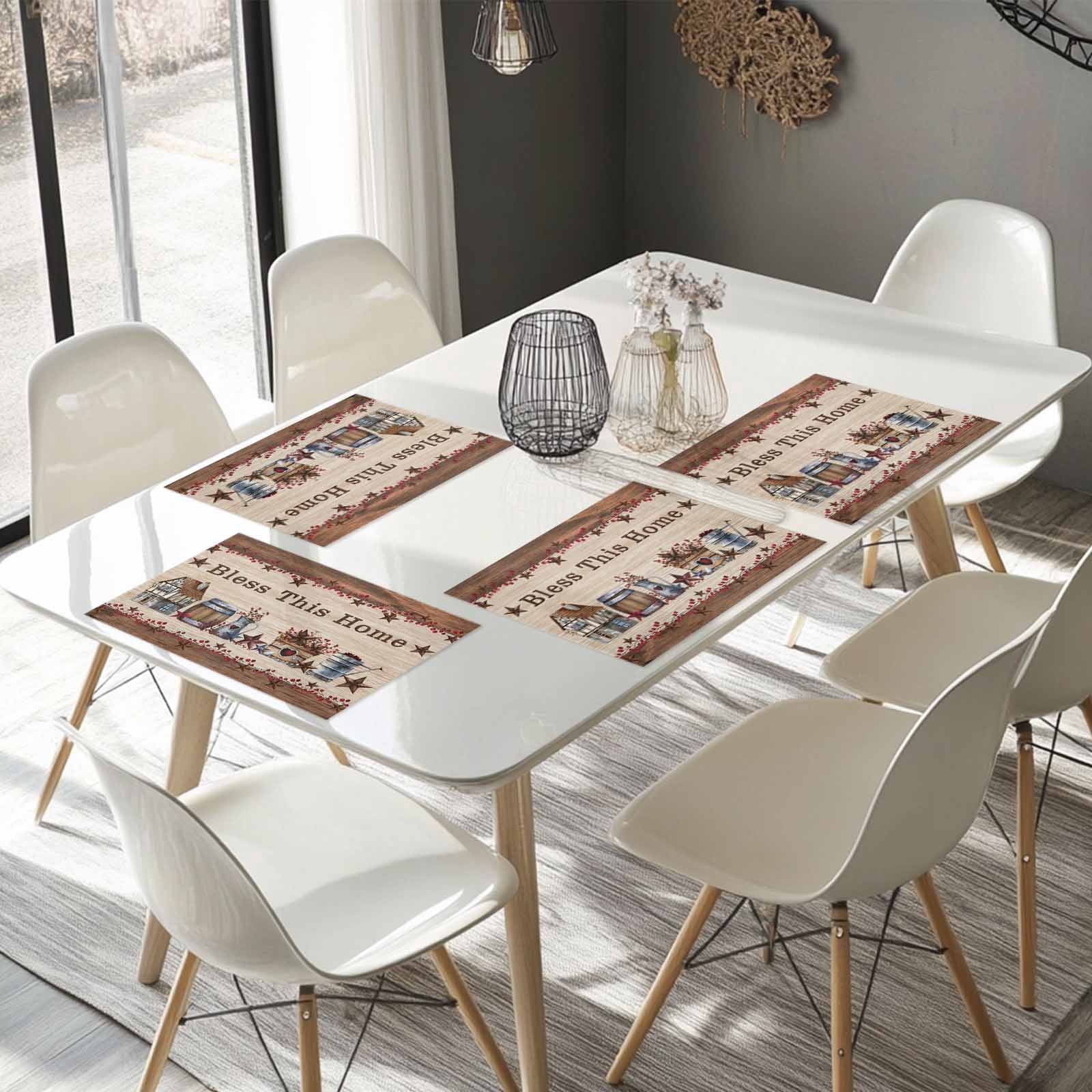 Placemats Set of 4, Western Star Texas Placemats Set of 4, Red Berry Farmhouse Wood Grain Tablemats Placemat Table Decoration for Kitchen Table Dinner Party Home Decor Indoor Outdoor 13x19 Inch