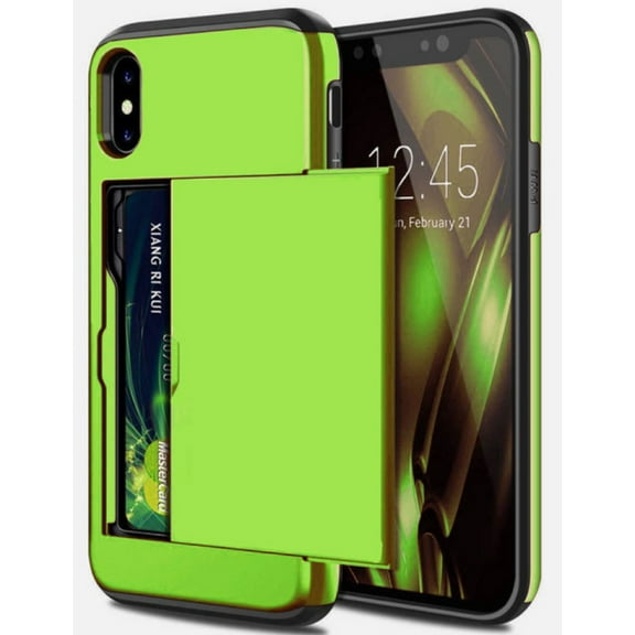 Card Slot Holder Wallet iPhone XS Case - (Light Green) Dual Layer Shockproof with Heavy Duty Protection