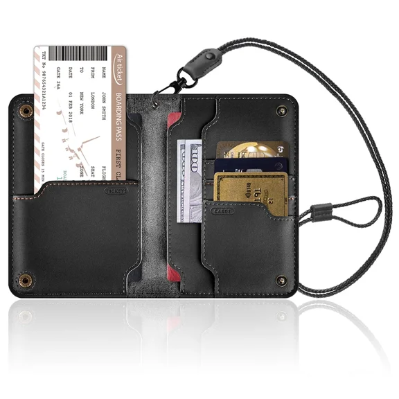 Travel Passport Holder - RFID Blocking Leather Wallet with Adjustable Neck Lanyard & Card Slots | TSA Approved Document Organizer for Men Women