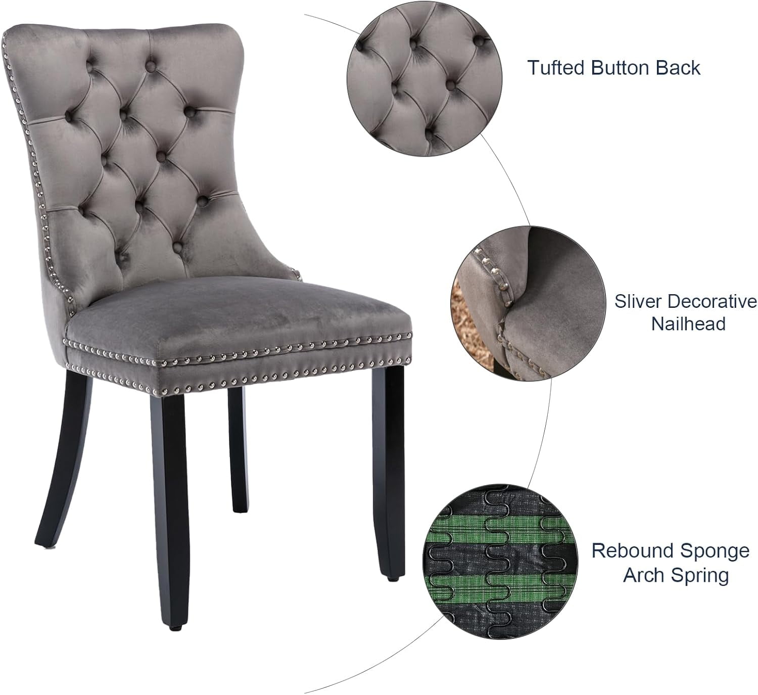 MOONMISS Dining Chairs 2-Pcs Set, High-end Velvet Upholstered Accent Chairs Button Tufted Dining Chairs with Back Ring Pull and Nailhead Trim,Gray