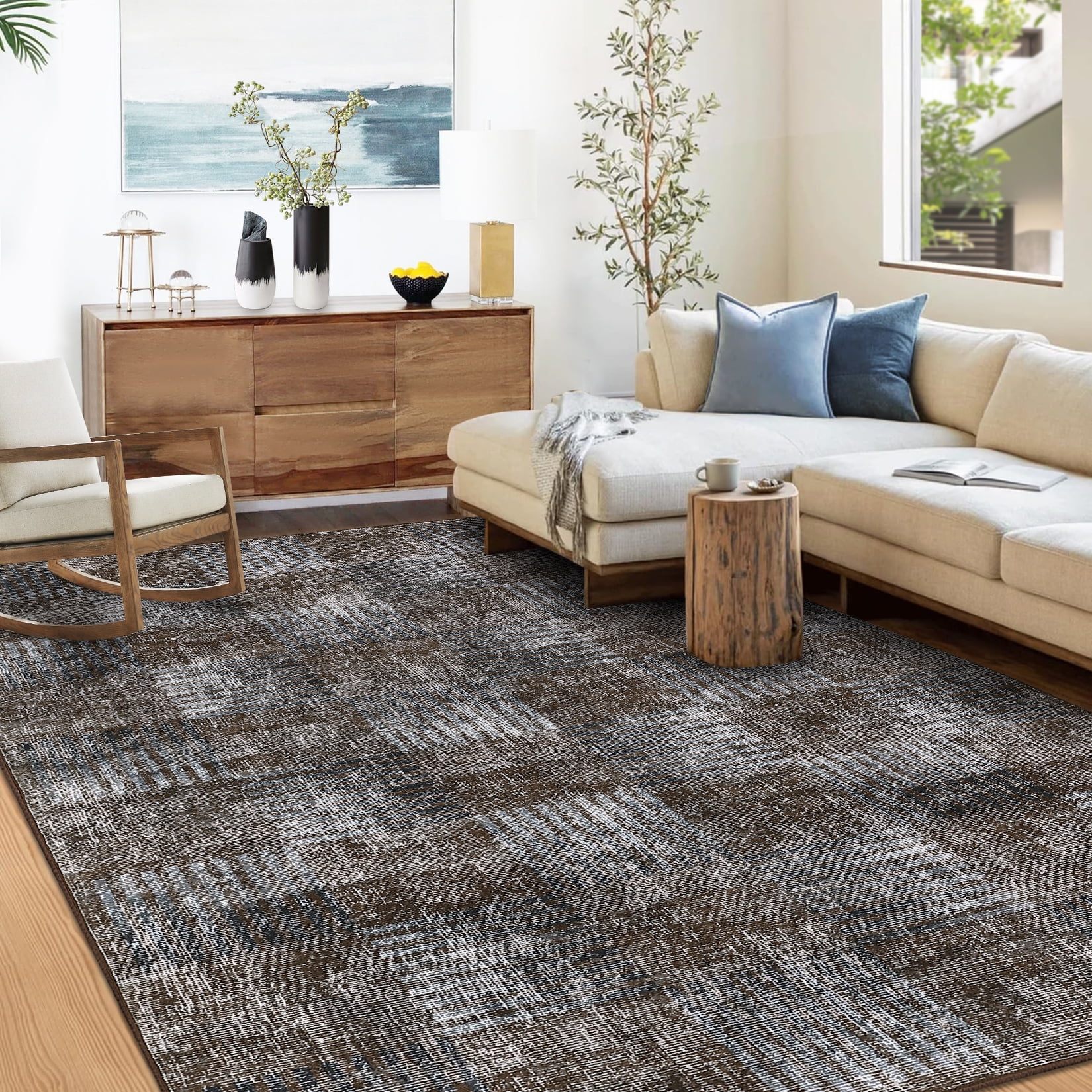 Garvee 8x10 Area Rug Modern Plaid Checkered Rug, Washable Rugs Soft Neutral Indoor Carpet Solid Rug Non Slip Low Pile Rug for Living Room Bedroom Dining Room Office, Brown
