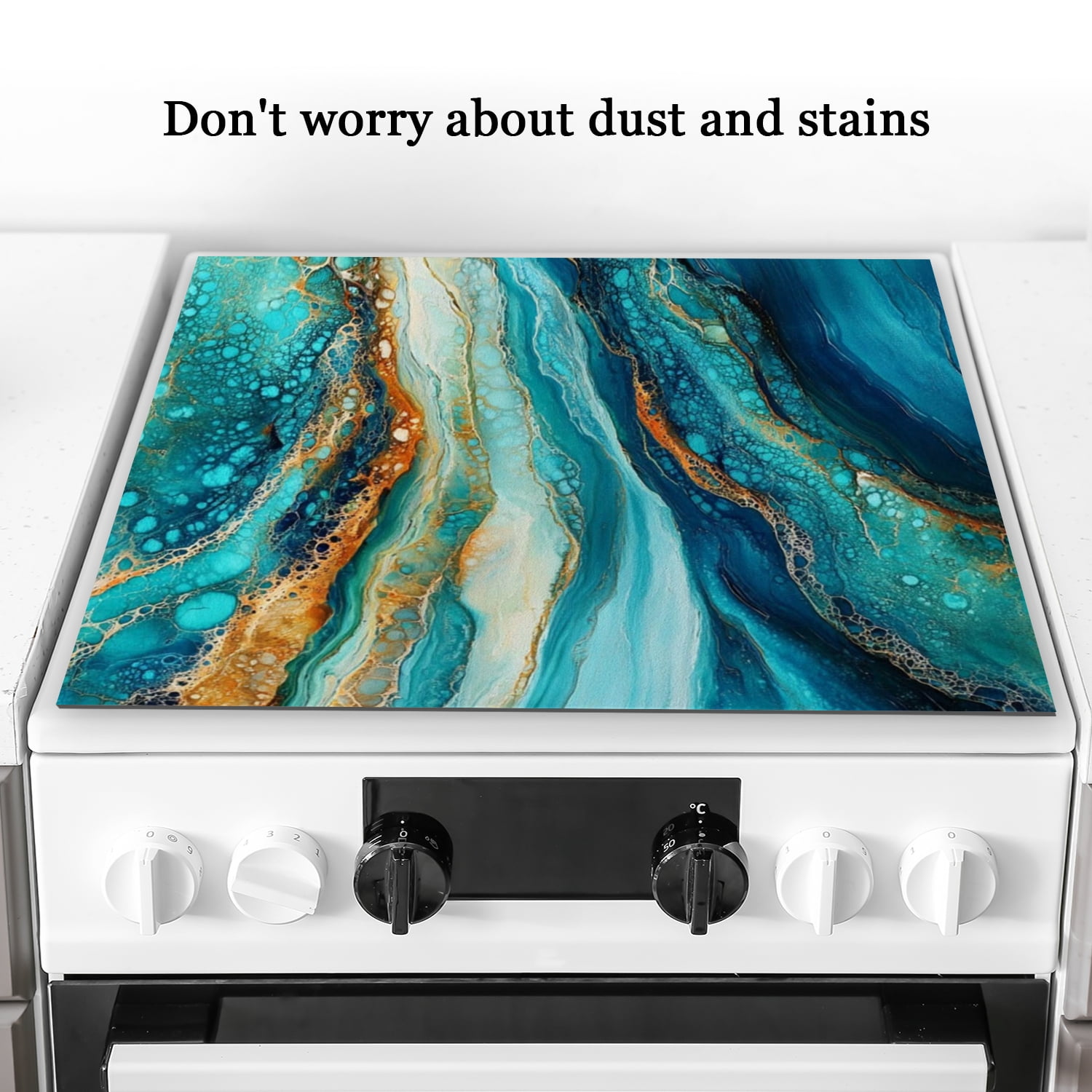 Glass Stove Top Covers For Electric Stove, Blue Green Marble Pattern Square Glass Stovetop Cover, Washable Oilproof Dustproof Mat for Kitchen RV (28×20 Inch)