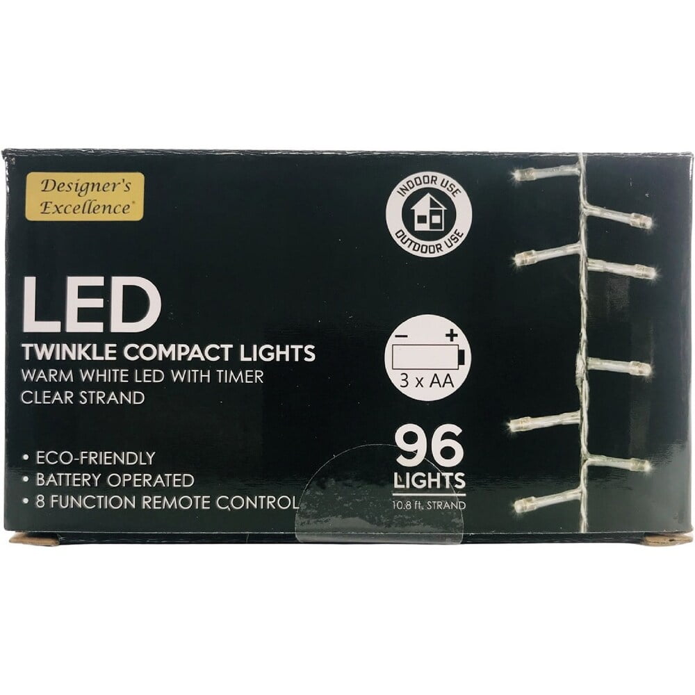 LED Twinkle Compact Lights 10.8Ft Warm White w Clear Strand Battery