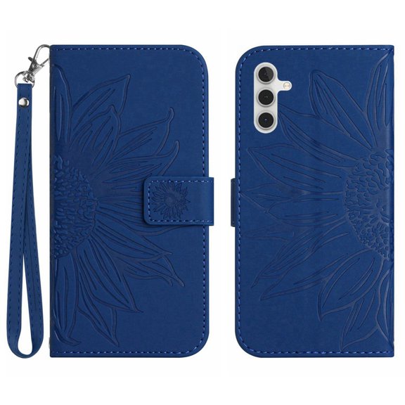 Mantto for Samsung Galaxy A14 5G 6.6 inch Wallet Case with Wrist Strap,Stylish Sunflower Embossed PU Leather Shockproof Protective Magnetic Flip Stand Card Slots Protective Phone Cover,Darkblue