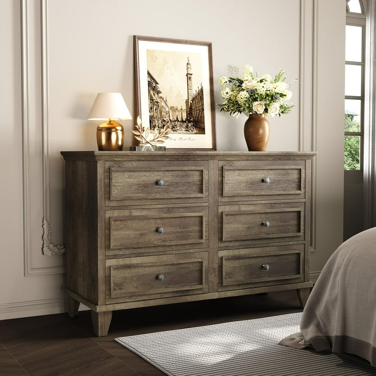 farmhouse grey dresser Jojoka for Bedroom,6 Drawer Wood Dresser with Large Drawer,Fluted Dressers for Living Room,gray Grey Wash Lander Rustic Farmhouse Dresser Slate