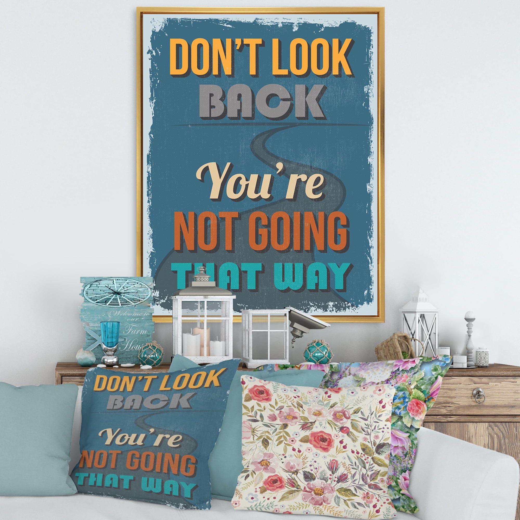 Designart 'Abstract Quote Don't Look Back You're Not Going That Way' Traditional Framed Canvas Wall Art Print