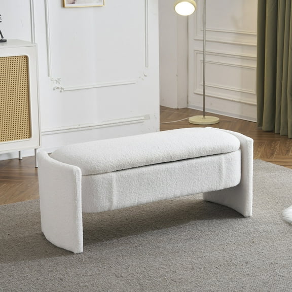 Elegant Long-Shaped Storage Ottoman,Bench of boucle material with Simple and Grand Design,Entryway Bench for Bedroom Living Room Hallway, White