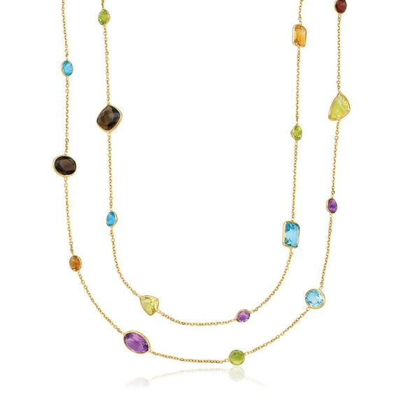 14k Yellow Gold Double Layer Multi Gem Necklace 30 in