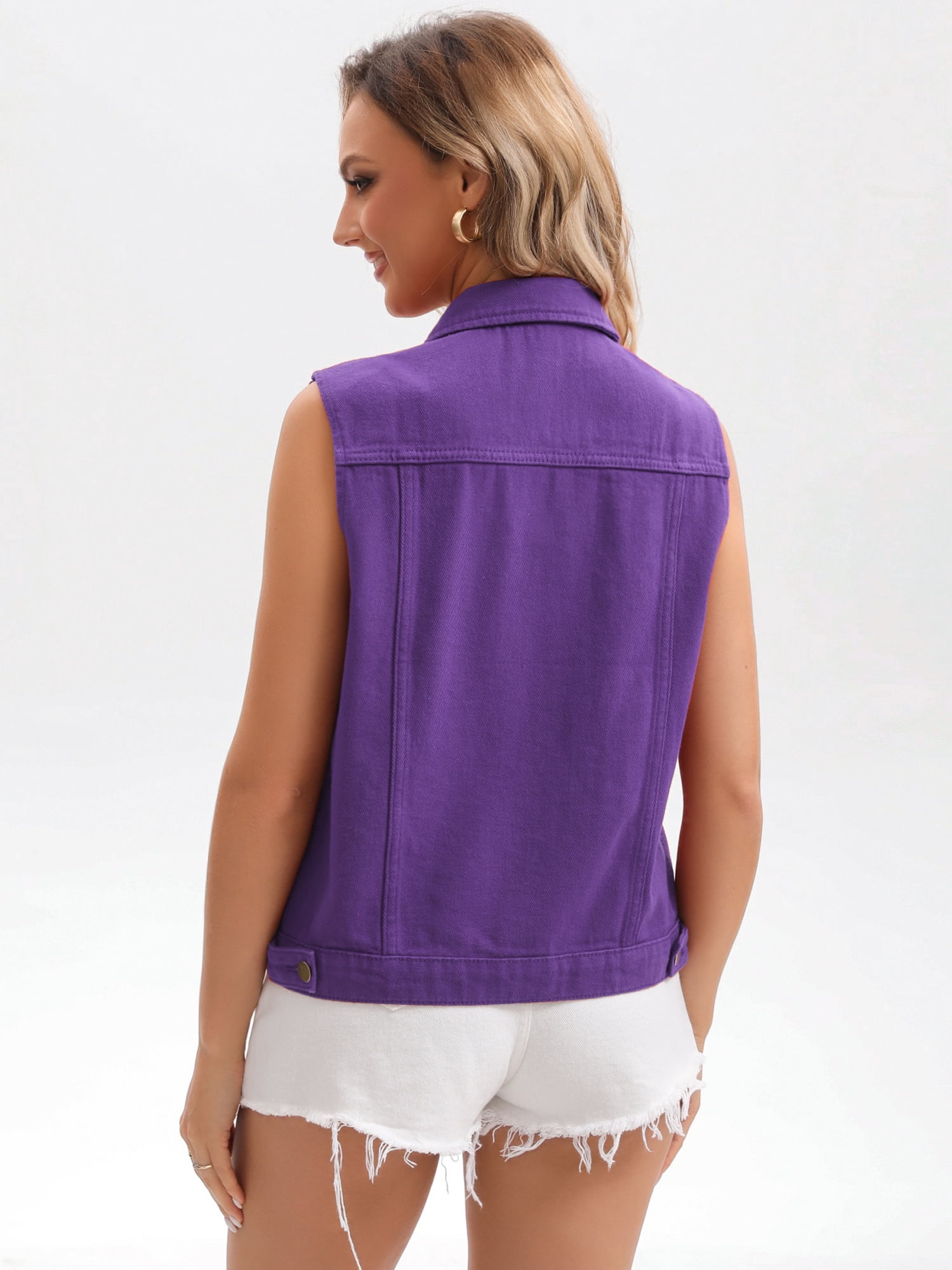 DARING DIVA Womens Denim Vest Button Down Jacket Sleeveless Jean Jacket L Dark Purple