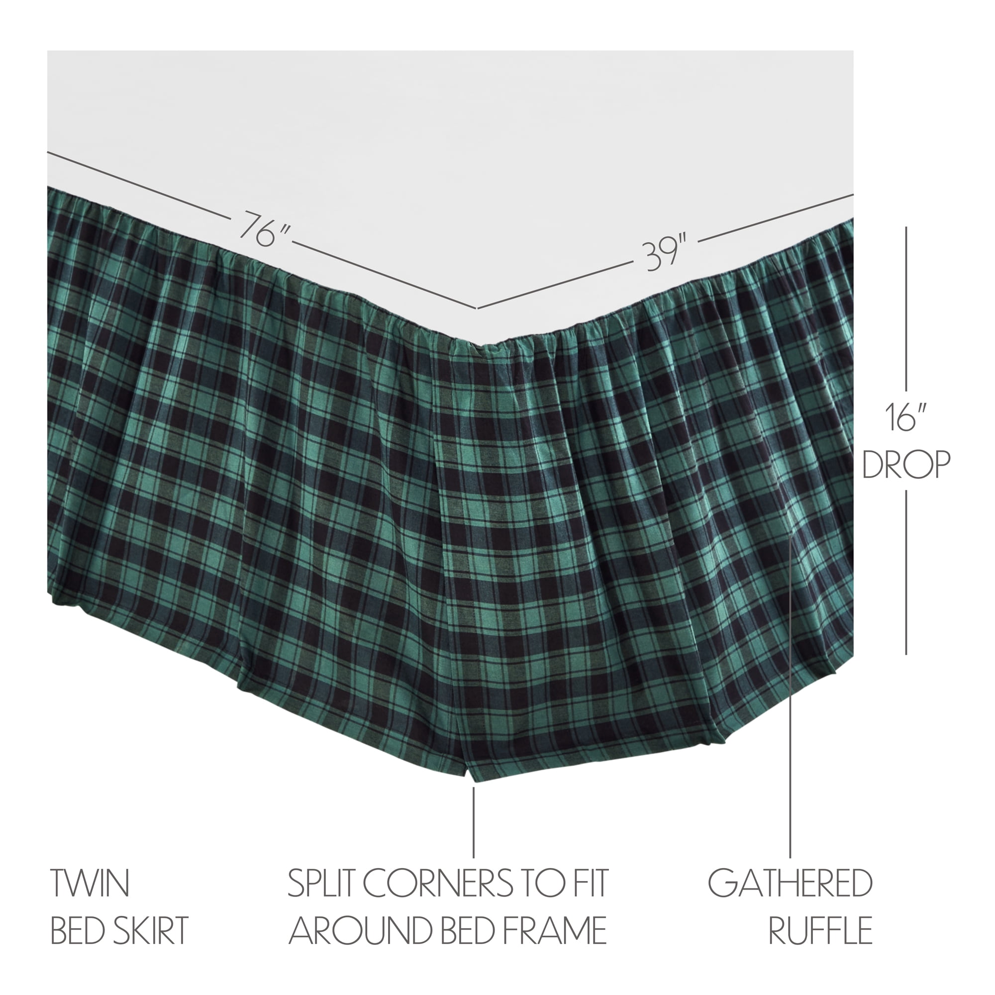 VHC Brands, Pine Grove Plaid Twin Bed Skirt, Green, 39x76x16
