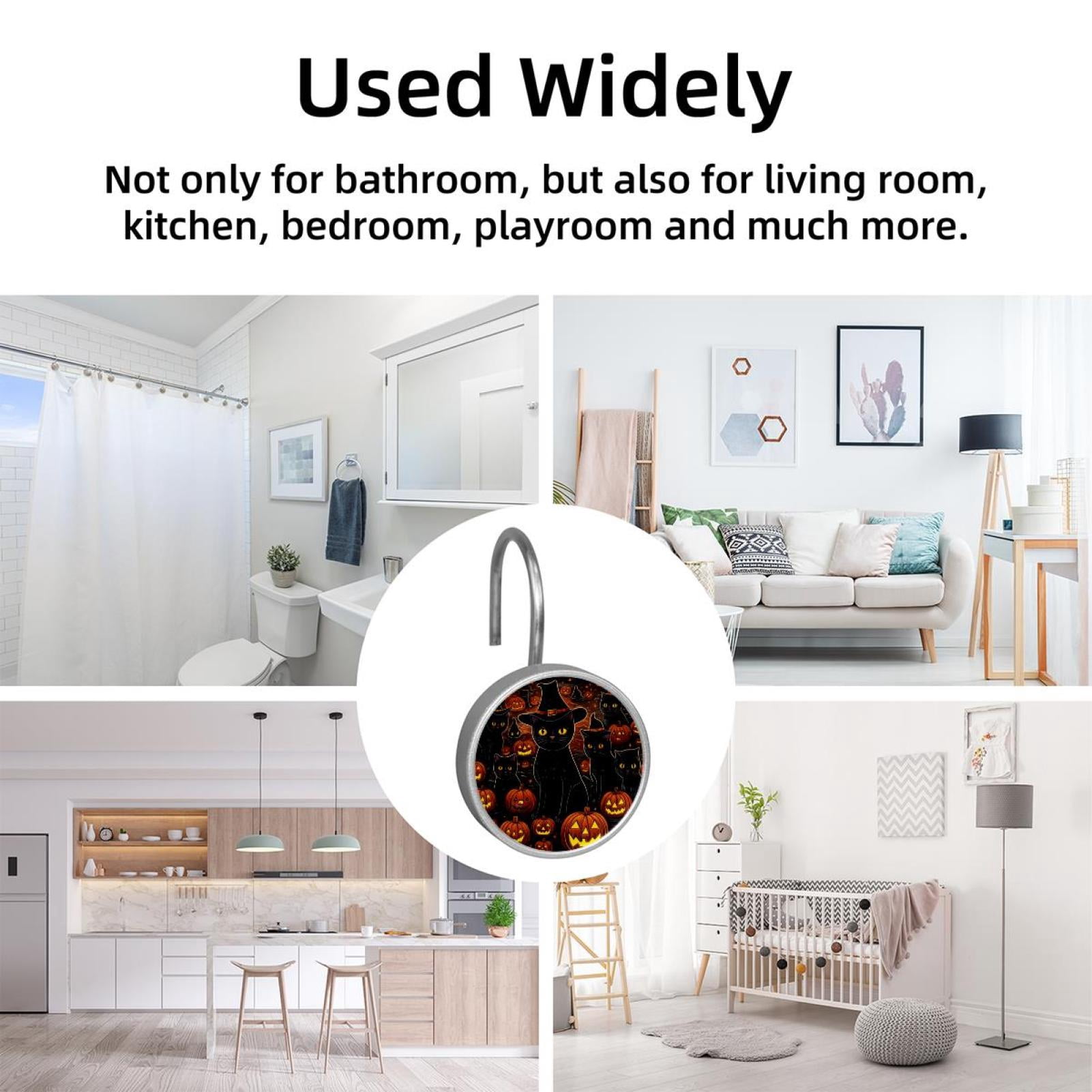 12pcs Decorative Shower Curtain Hooks, Rust Resistant Shower Rings for Bathroom Living Room,Rustproof Stainless Steel Rings for Shower Curtain and Liner Rods,Halloween Cat R