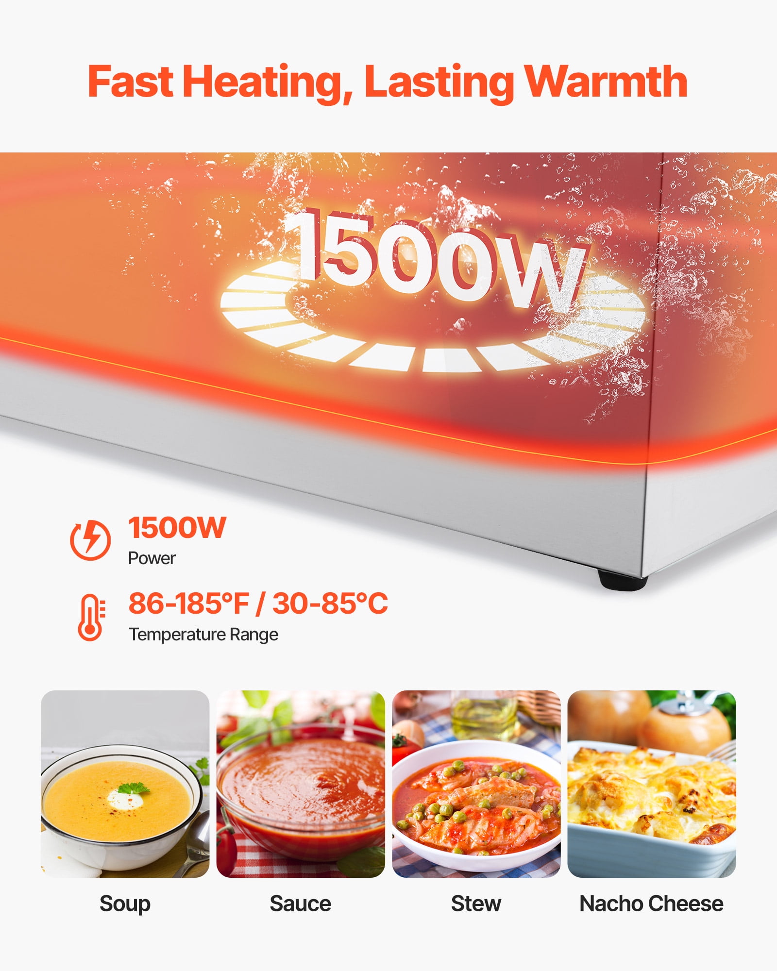 VEVOR Commercial Food Warmer, 1500W Electric Stainless Steel Steam Food Warmer, Fast Heating Countertop Buffet Bain Marie with Power Cord & Divider Strip, for Catering, Restaurants, Parties, Buffets