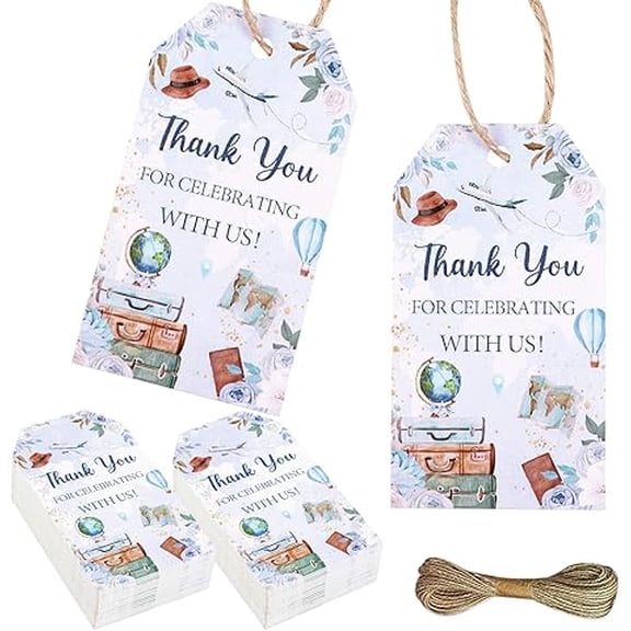 Serencatcher Travel Thank You Tags, 50pcs Travel Baby Shower Birthday Decorations Blue Thank You for Celebrating with Us Tags with String for Adventure Awaits Bon Voyage Wedding Bridal Party Favors