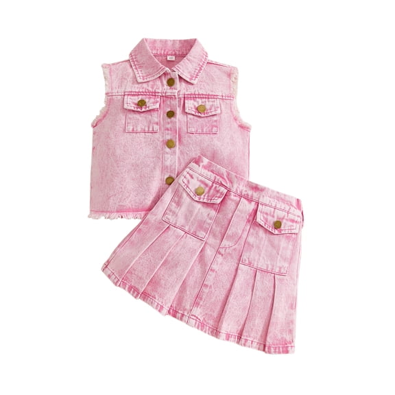 BemeyourBBs Toddler Baby Girl Pink Denim Outfit Western Cowgirl Summer Clothes Collared Raw Trim Sleeveless Button Up Vest Tank Tops and Jeans Pleated Skirt Set