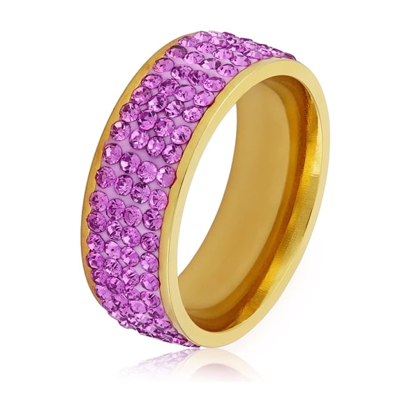 ELYA Jewelry Women's Purple Crystal Stones Gold Plated Stainless Steel Band Ring (8mm Wide)