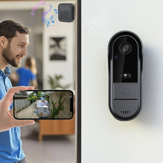 Aodebiao Smart Video Doorbell, 1080p HD Wireless WiFi Security Camera, Two-Way Audio, Night Vision, IP65 Waterproof, Cloud Storage, Easy Install, Compatible with Alexa & Google Home