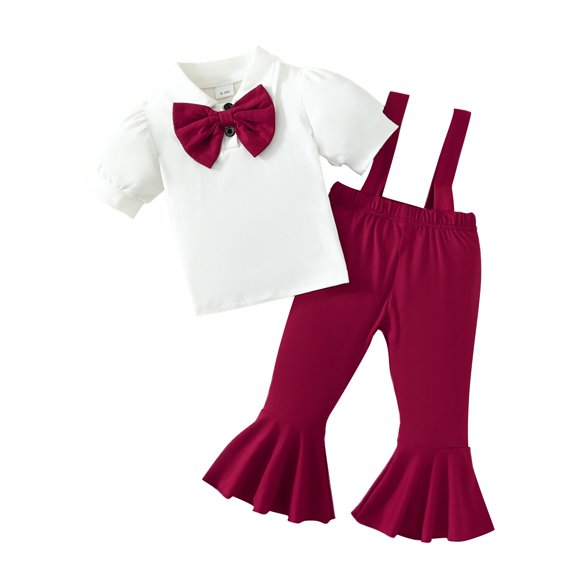 Girls Girls Spring Summer Gentleman Short Sleeve Back With Flared Pant Suit Girls Sleeve Bow Tie Top Casual Pants