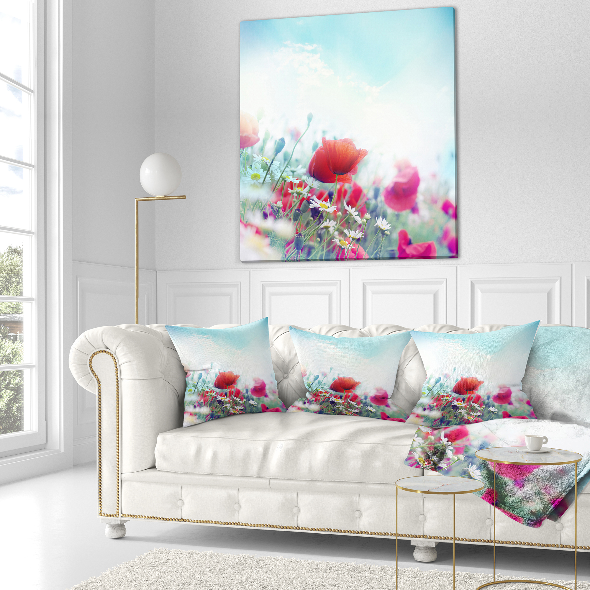 Designart Red Poppies on Blue Background - Floral Throw Pillow - 16x16