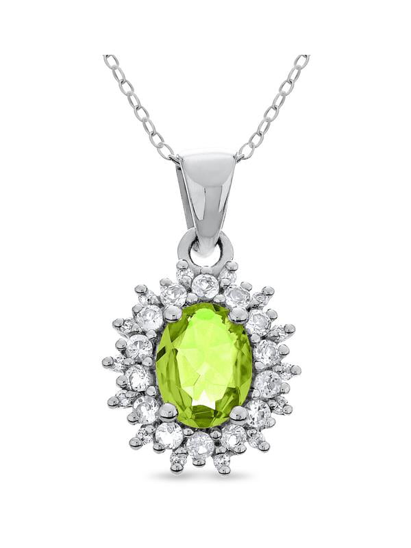 Sterling Silver Peridot and White Topaz Halo Necklace 