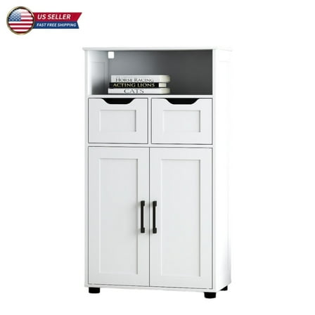 IVV White Storage Cabinet with Double Doors, 2 Drawers, and Adjustable Shelves – Modern Farmhouse Accent Floor Cabinet for Living Room, Dining Room, Home Office