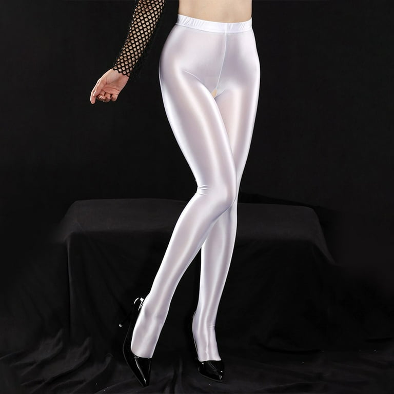 ALSLIAO Women Glossy Crotchless Pantyhose Stockings Stain Stretchy Tights  Dance Lingerie White M 