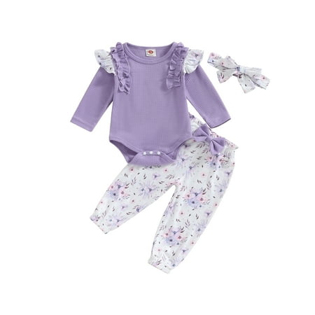 Bagilaanoe 3pcs Newborn Baby Girl Long Pants Set Ruffle Long Sleeve Romper Tops + Flower Leggings + Headband 3M 6M 12M 18M Infant Casual Outfits