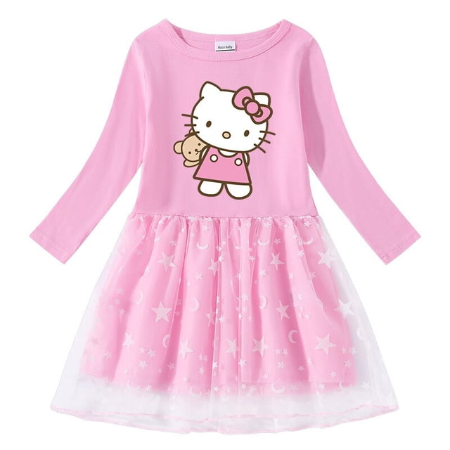 Hello Kitty-vestido de algodón con estampado de dibujos animados para niña, vestido de princesa plisado de manga larga, estrella, Luna, Red de hilo, primavera y otoño, nuevo