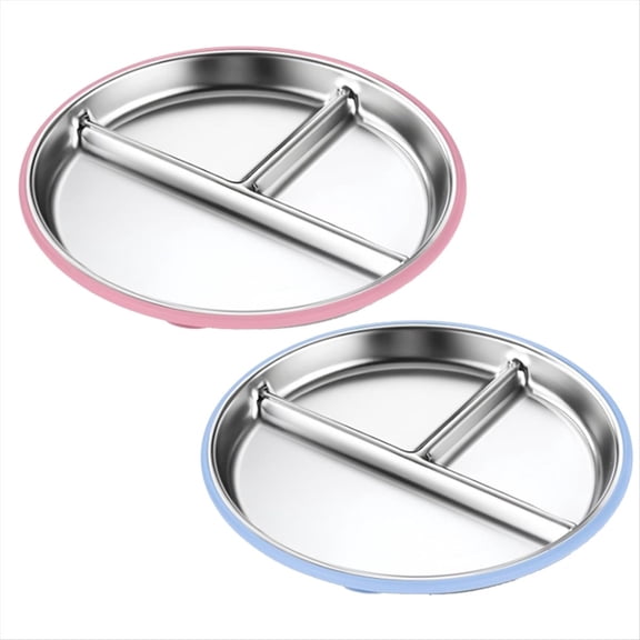 2PCS Stainless Steel Kids Plates 9 Inch Toddler Divided Plates with Removable Silicone Sleeves 4 Suction Cups,2 * Stainless Steel Kids Plates,Blue & Pink