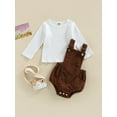thumbnail image 2 of Cenuakty Baby 2PCS Spring Romper Suit, Long Sleeve Plain Ribbed Crew Tops+ Buckle Shoulder Straps Snap Triangle Suspender Romper, 2 of 9