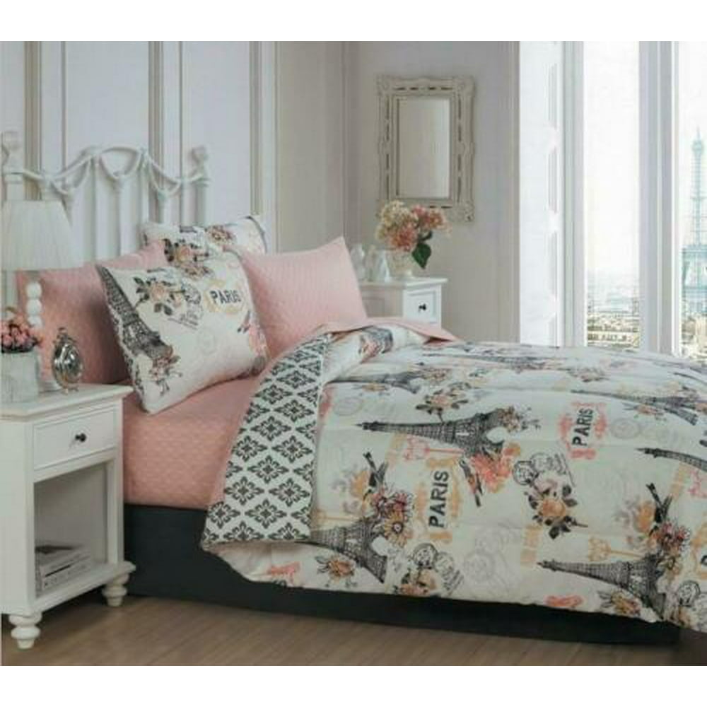 Paris Eiffel Tower Pink & Gold Reversible Twin Comforter Set (6 Piece