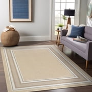 Beverly Rug Indoor Bordered Area Rugs, Non Slip Rubber Backing Modern Living Room Area Rug, Beige, 5x7