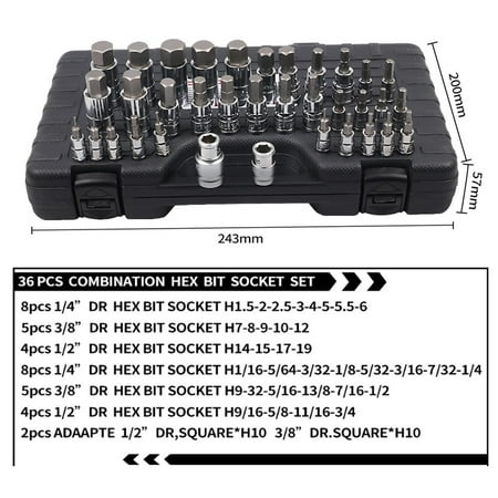 

36Pcs Hex Screwdriver Bit 1/4 3/8 1/2 Drive Socket Socket Wrench Adapter