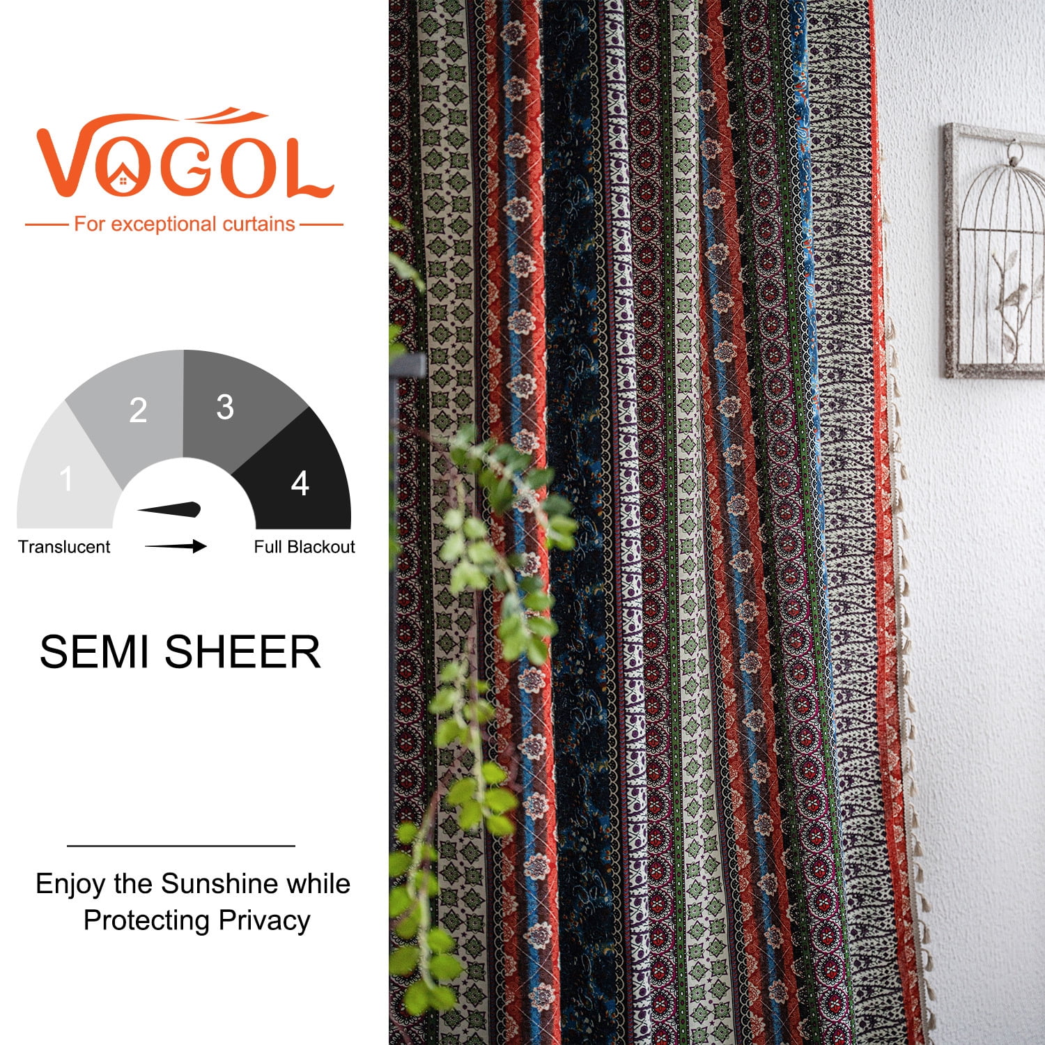 VOGOL Boho Striped Curtains, Semi Blackout Drapes with Tassels 52x84 Inches, 1 Panel for Living Room & Nursery