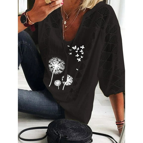 Women Blouses Summer Cotton Blouse Solid Color Leisure Hollow O-neck 3/4 Sleeve Lace Women Shirt