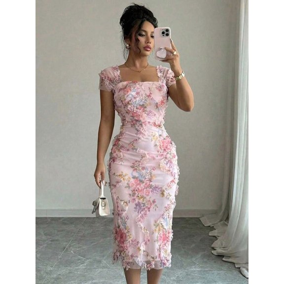 Pink Womens Romantic Floral Mesh Ruched Midi Dress With Square Neck And Short Puff Sleeves