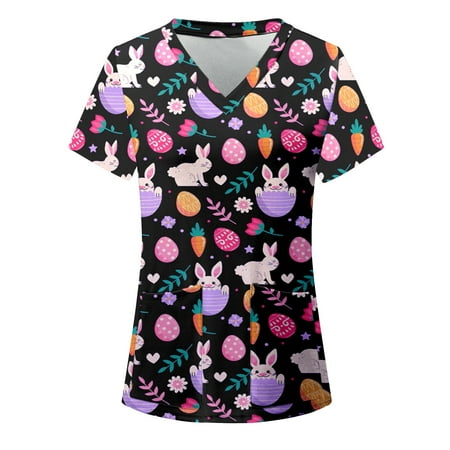 

Womens Nursing Scrub Tops Easter Printed Short Sleeve V-Neck Workwear Medical Working Uniform Blouse T-shirt with Pockets